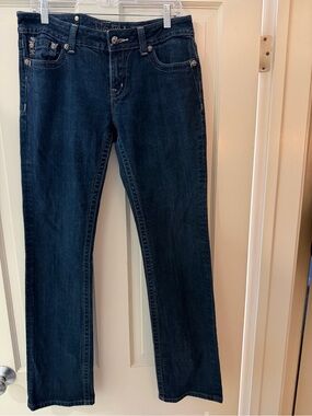 Miss Me Straight Leg Dark Wash Jeans Size 31 JP6048T3 Fleur de Lis Pocket